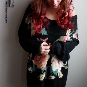 Black Floral Boho Long V Neck Sweater Tunic Dress